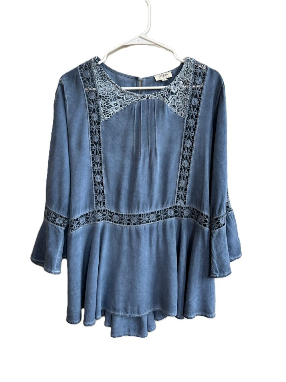 Umgee USA Bohemian Peasant Blouse Blue Crochet Size Medium